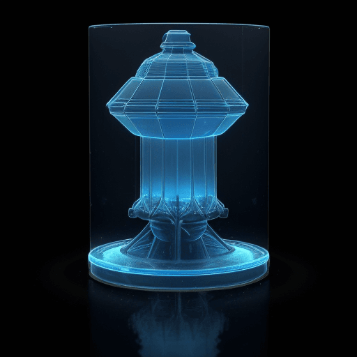AI generated: a 3d realistic image of a The water pump made of glass, with blue light shining through, creating a ...