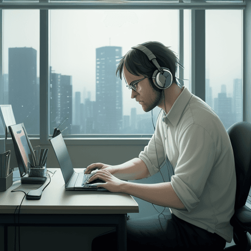 AI generated: 
high definition anime portrait of a developer man sitting at a desk writing code in a laptop, with ...