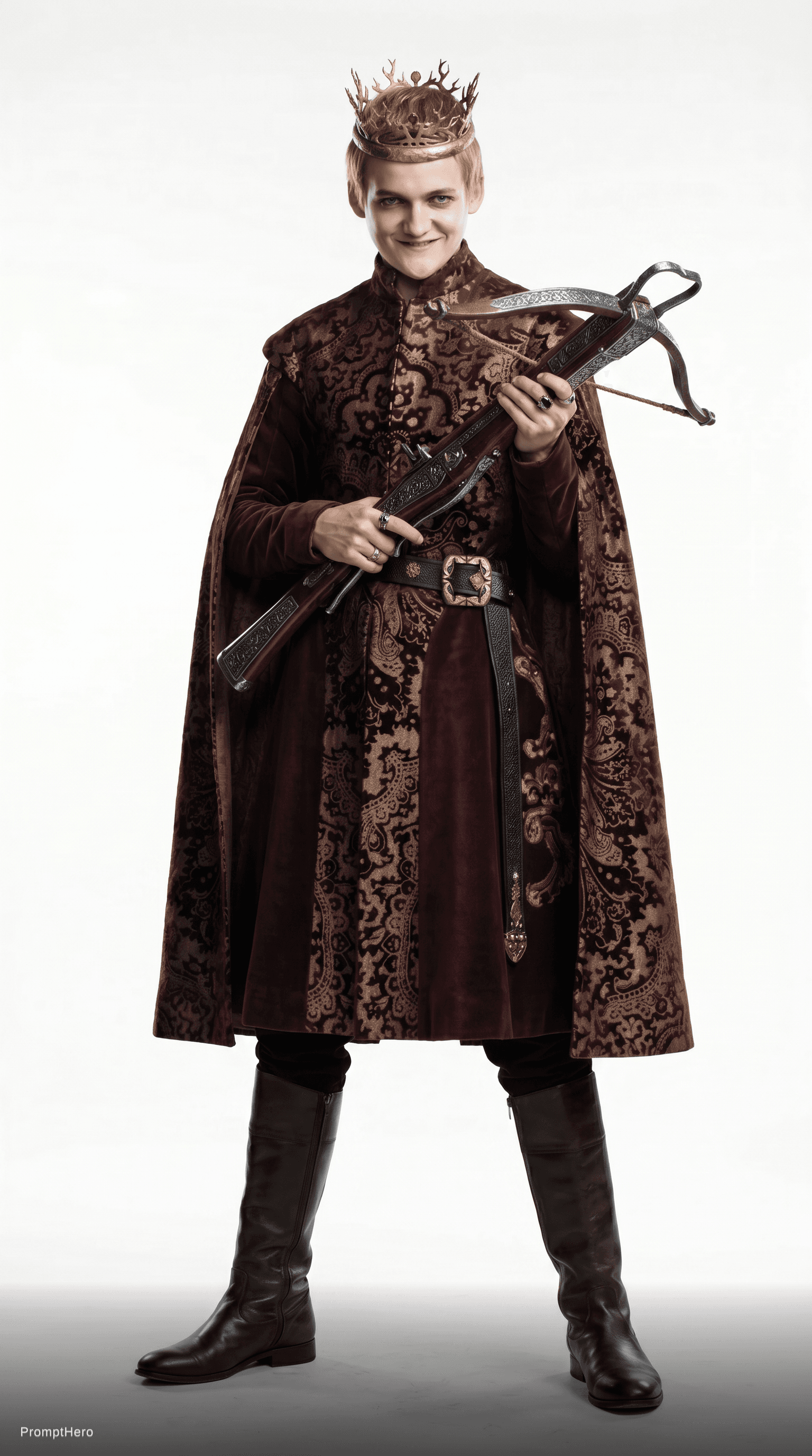 AI generated: can you make him with a grin evil smerk and holding a crossbow while posing.