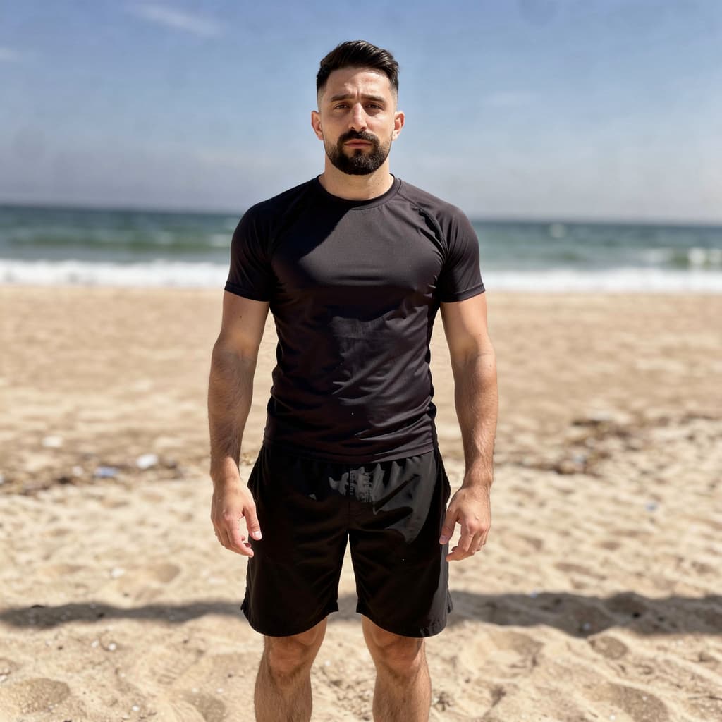 AI generated: A beautifull man at the beach without t-shirt, using a black speedo; His chest is hairy and he's wea...