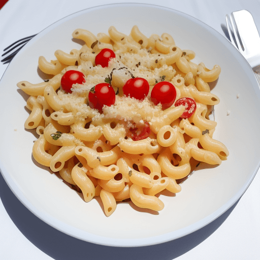 AI generated: Hyper realistic Macaroni with brie cheese and cherry tomatoes, daylight