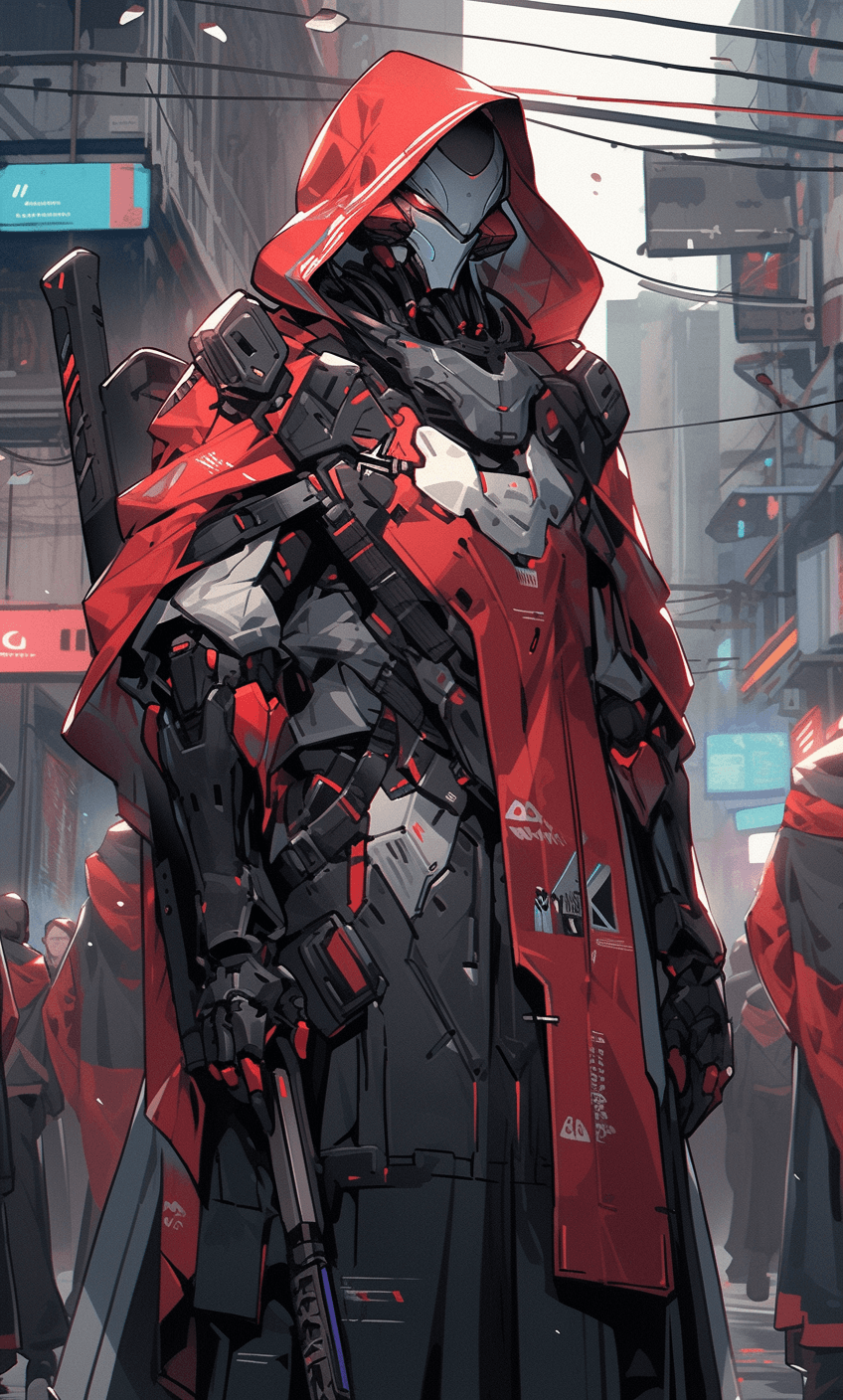 AI generated: a futuristic robot wearing a cape in an urban scene, in the style of cyberpunk imagery, animated gif...