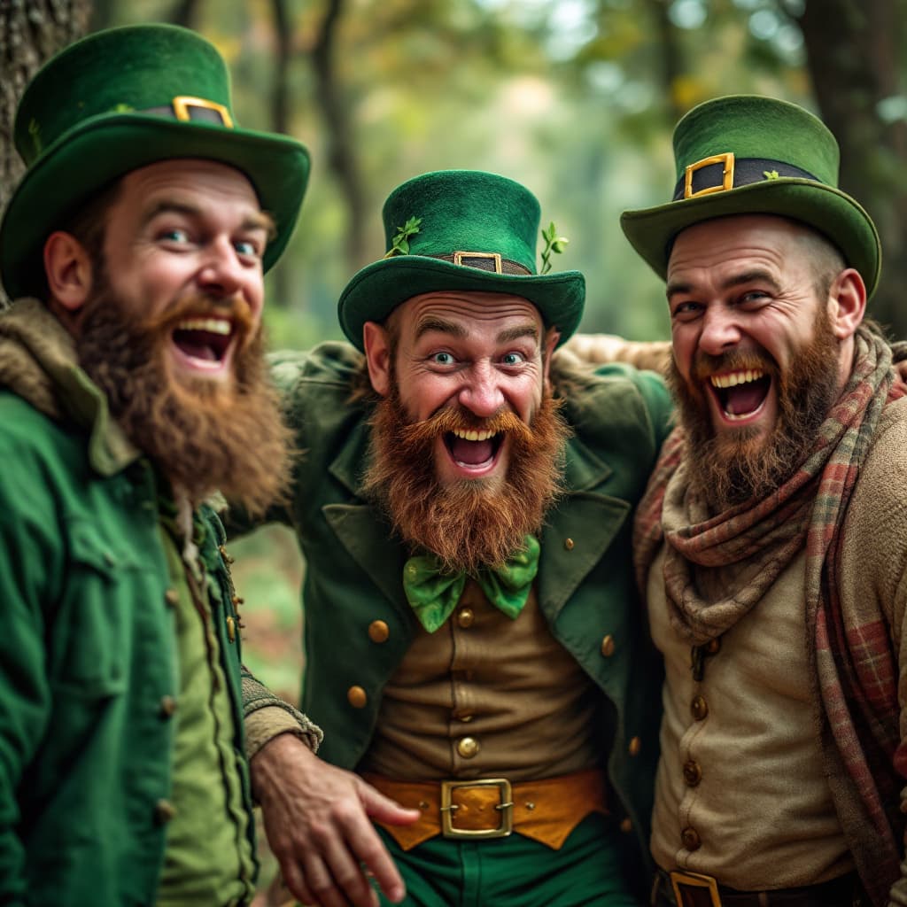 AI generated: three regular men, not dressed as leprechauns, incredibly elated after fulfilling their lifelong mis...