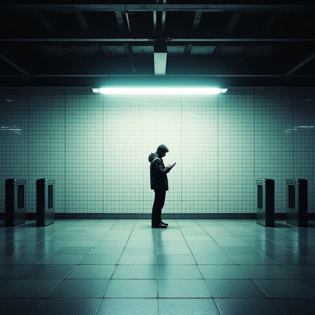 AI generated: create an image of a person standing alone in a subway station, under a single bright fluorescent li...