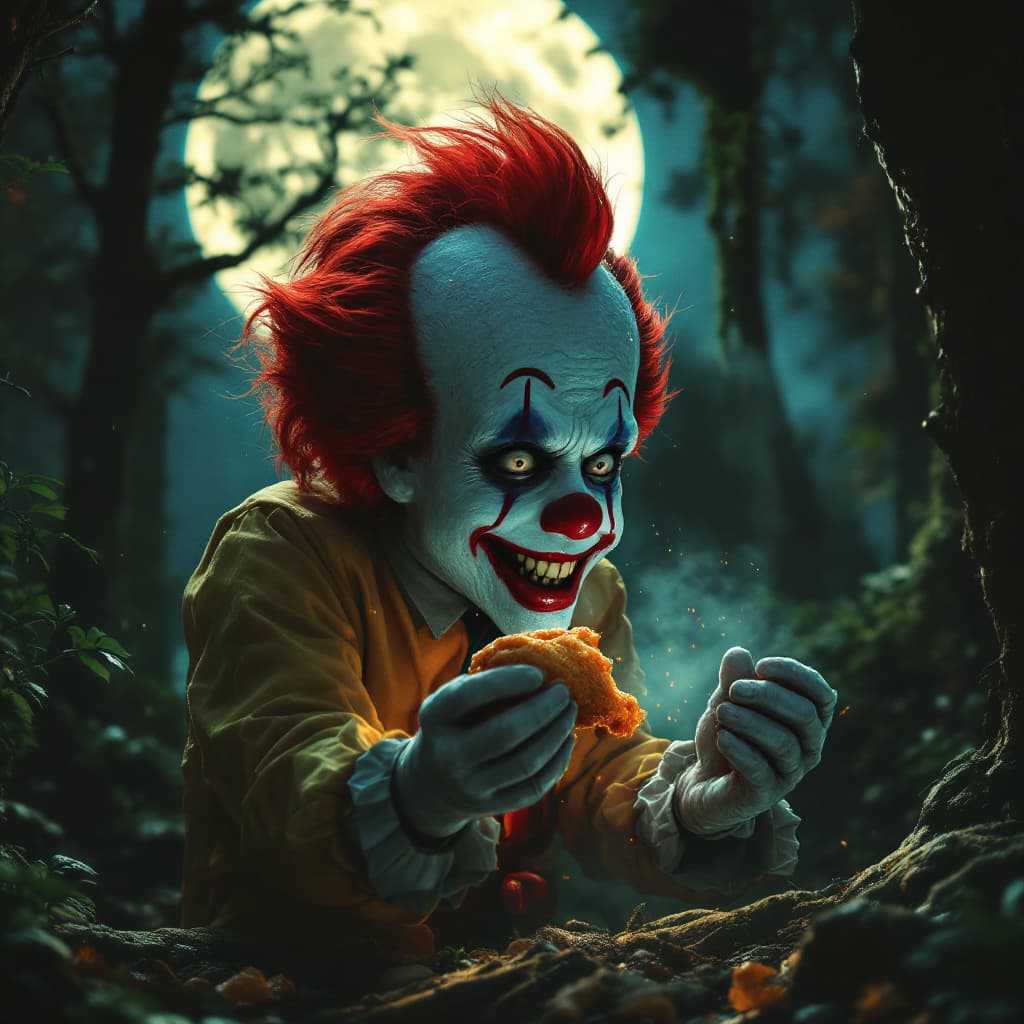 AI generated: mr sanders KFC is feeding mcdonald clown with chicken wings pushing them into moutch of the crying a...