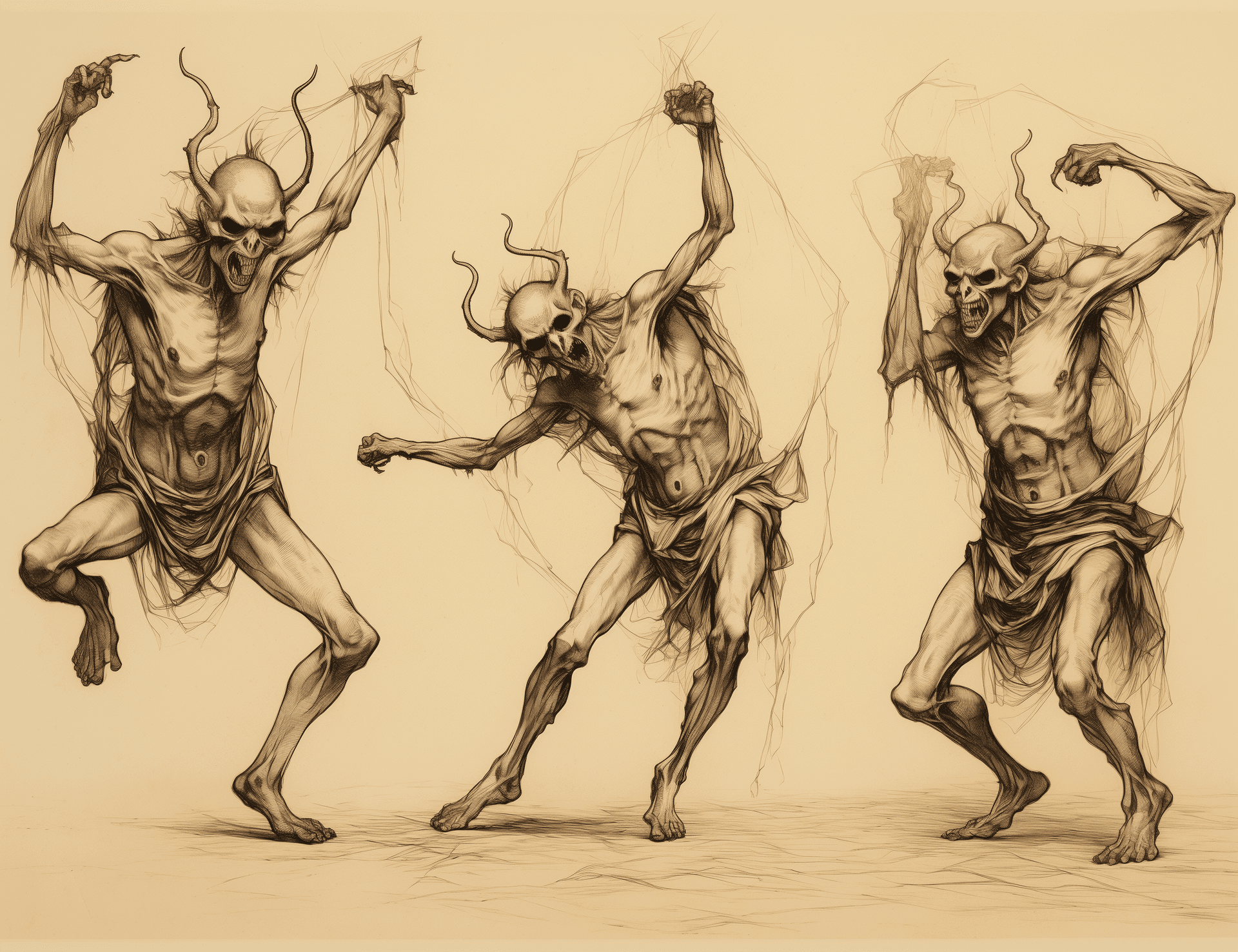 AI generated: 3 poses of dancing demons, full body drawings in the style of Durer's etchings depicting the three d...
