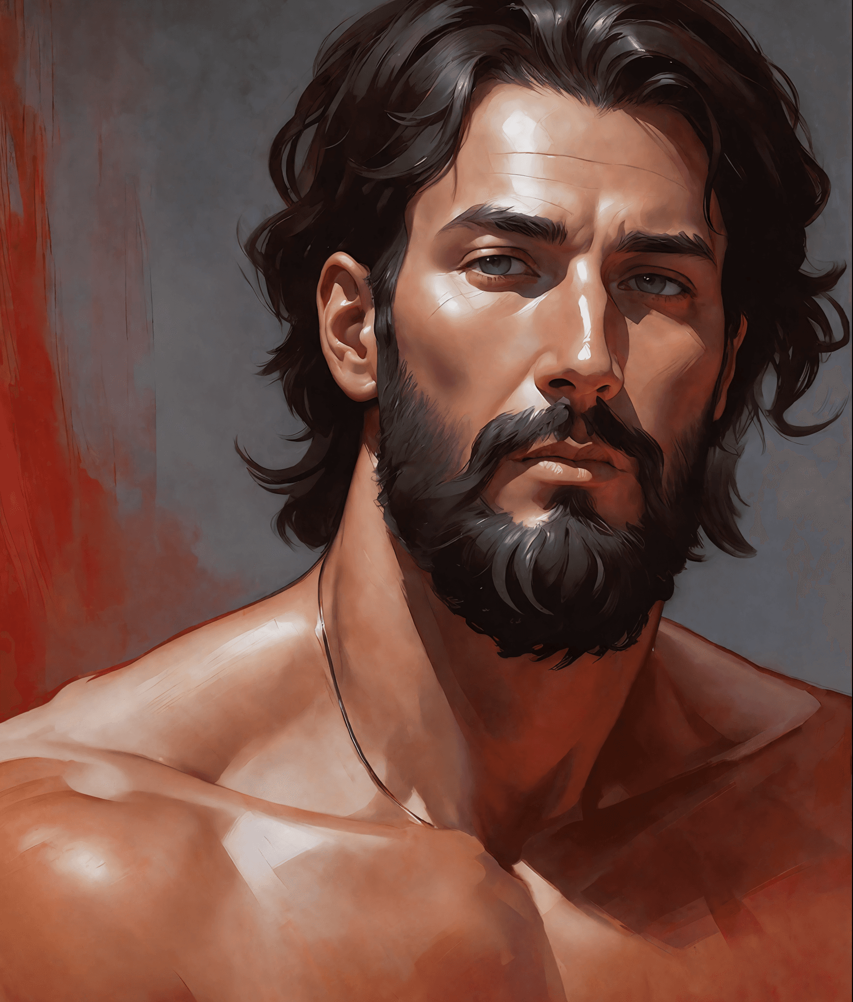AI generated: Adam the first man, red skin, black short hair, biblical, gospel, digital painting, watercolor paint...