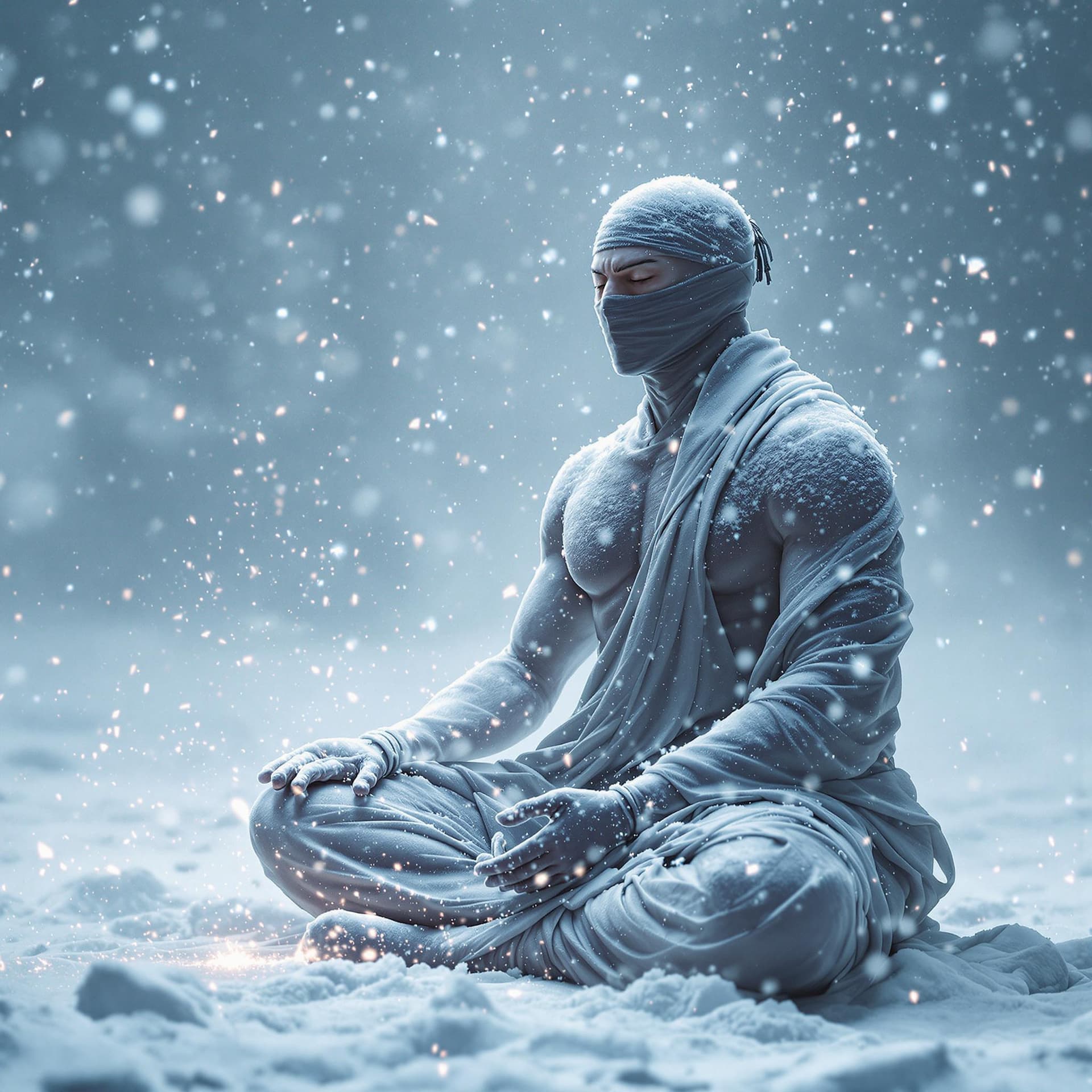 AI generated:  A hyper-realistic, cinematic image of a lone ninja sitting in deep meditation amidst a violent bliz...