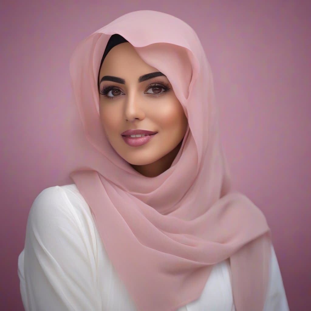 AI generated: muslim woman wearing pink color transparent hijab, full body photo, seductive restrained smile, roun...