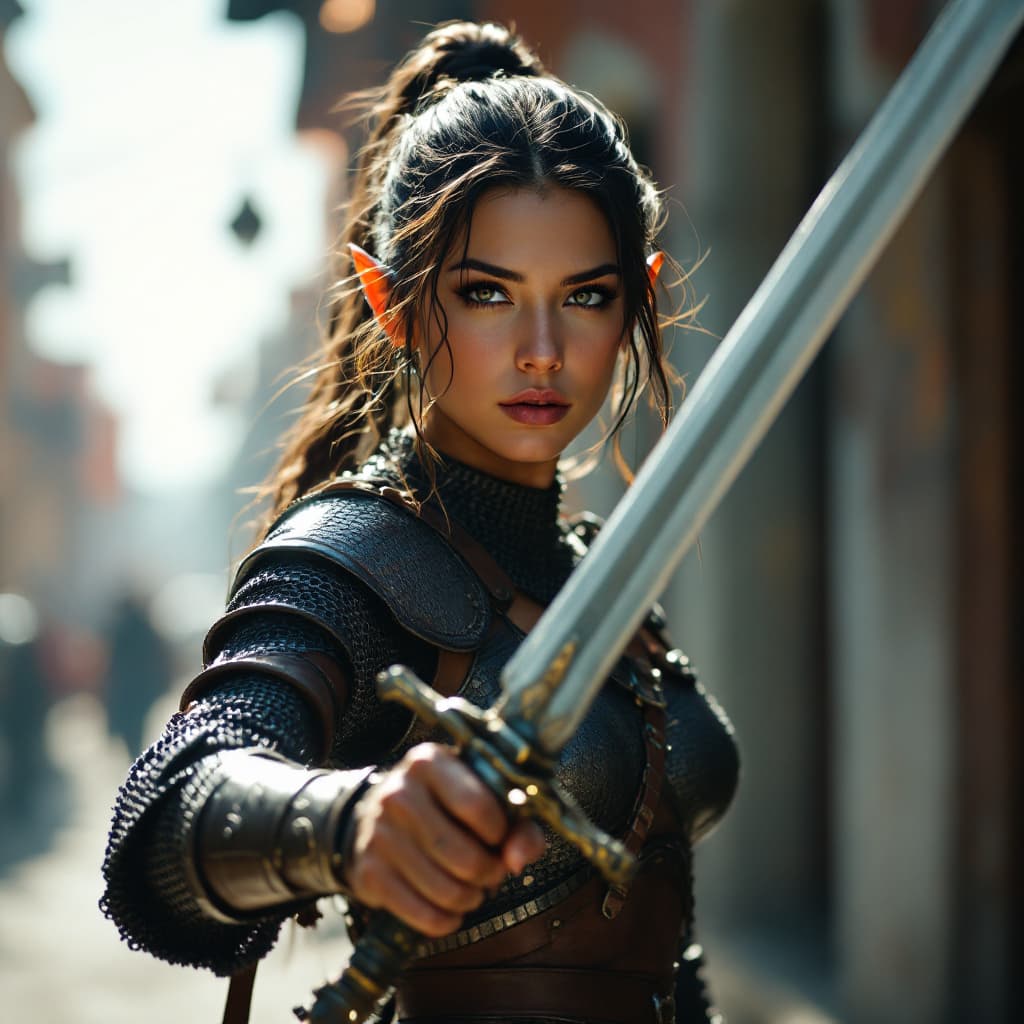 AI generated: Elf, warrior woman in chainmail armor wielding a sword. She is a fierce warrior on the battlefield, ...