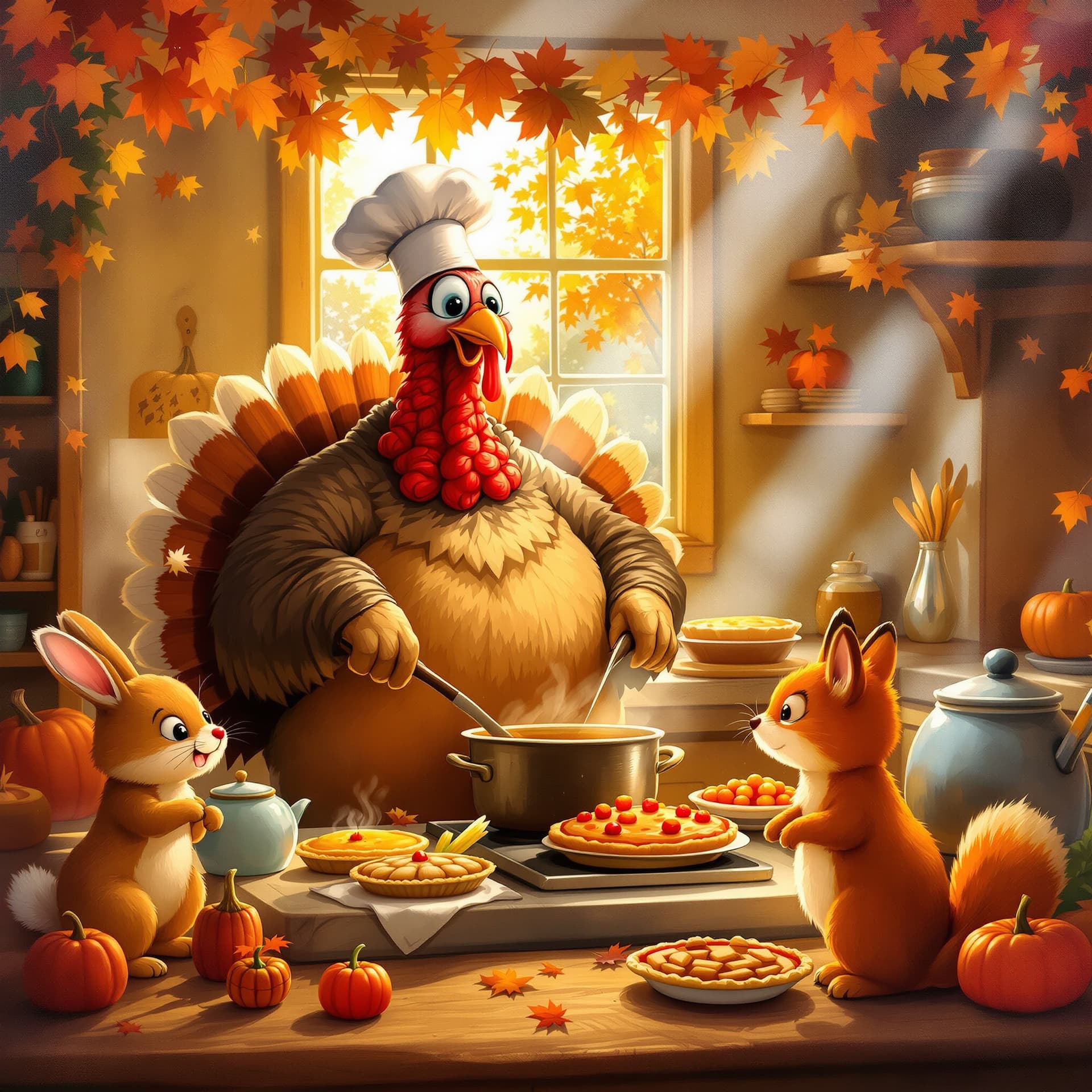 AI generated: A vibrant acrylic oil painting depicting a whimsical scene of a plump turkey and a group of animal f...