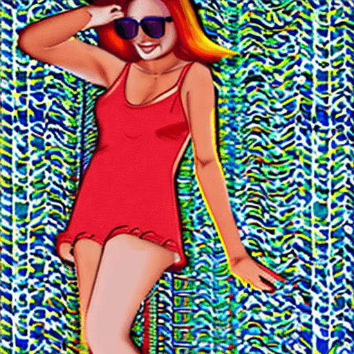 AI generated: cute female posing at the Beach, red Hair, Full Body, sunglasses, smile, yellow dress, Instagram, hy...