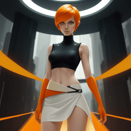 AI generated: aeon flux, orange Pixie cut hair, yellow star eyes, half body,white shirt and orange skirt ,interior...