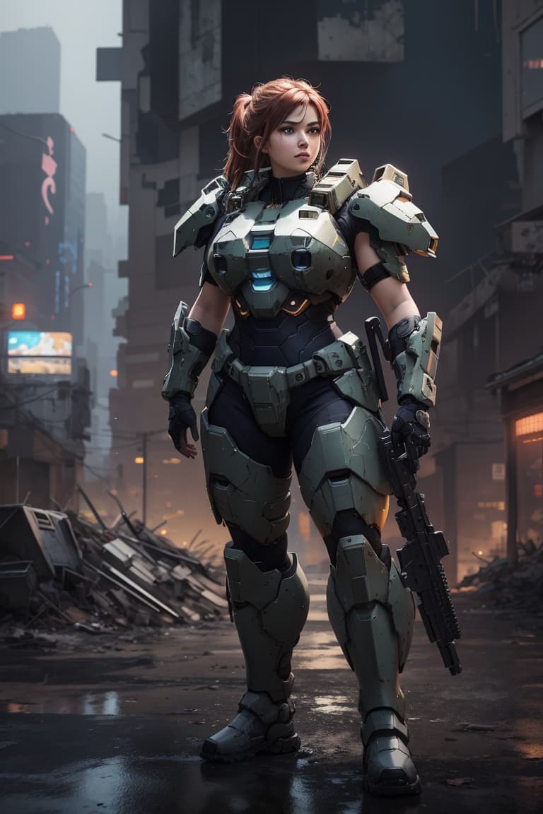 AI generated: character portrait of a big bulky female warrior in halo spartan armor in a desolate cyberpunk waste...