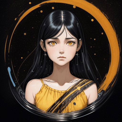 AI generated: illustration of a girl with black hair, dark brown eyes, art print, in the style of dark yellow and ...
