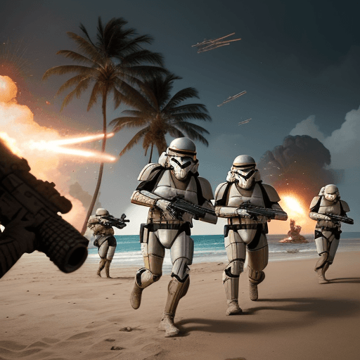 AI generated: An image of the battle on Scarif shows Rebel Alliance soldiers advancing bravely, blasters in hand a...