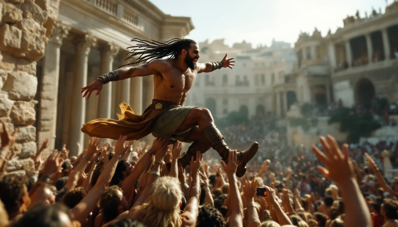 AI generated: Slow-Motion – The Lead Singer Jumping from a Roman Balcony into the Crowd (Dramatic Motion Shot, Hig...