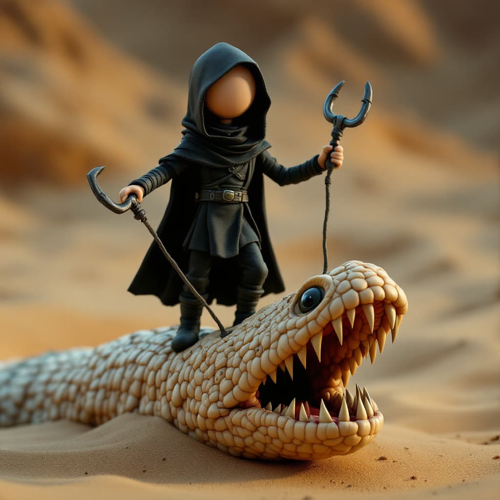 AI generated: Plasticine figure of Paul Atreides from the movie “Dune”, wearing a black freeman desert dweller cos...