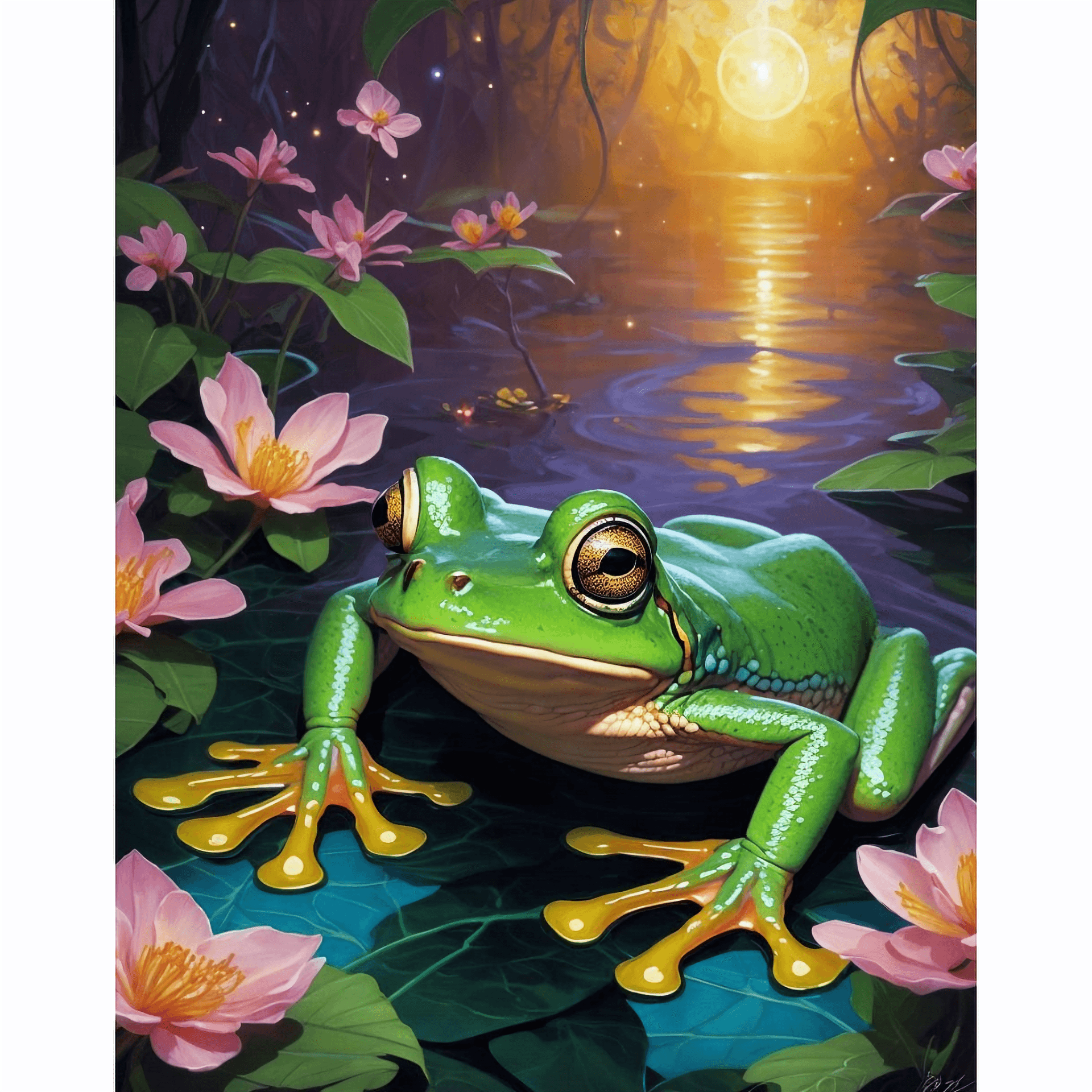 AI generated: frog painting with perfect anatomy of a frog, vibrant colors, night, lake, crystal clear water, brus...