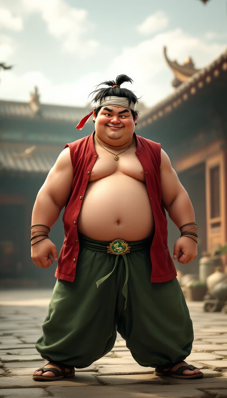 AI generated: Photorealistic portrait of a jovial martial arts student inspired by Po; good-natured overweight Asi...