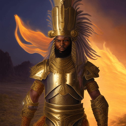AI generated: An Israelite warrior of color, surrounded by flames, wearing intricate golden armor with no horns on...