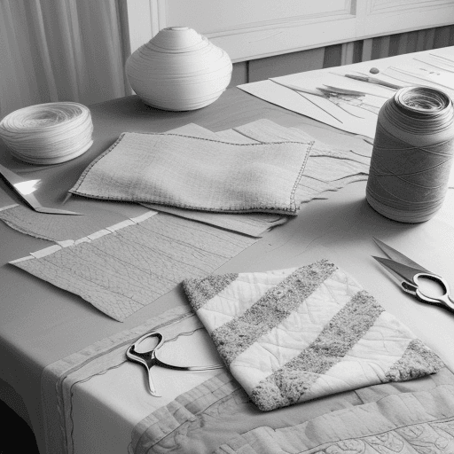 AI generated: Illustrate a grayscale tranquil setting where a quilt is being made, with a table surrounded by fabr...