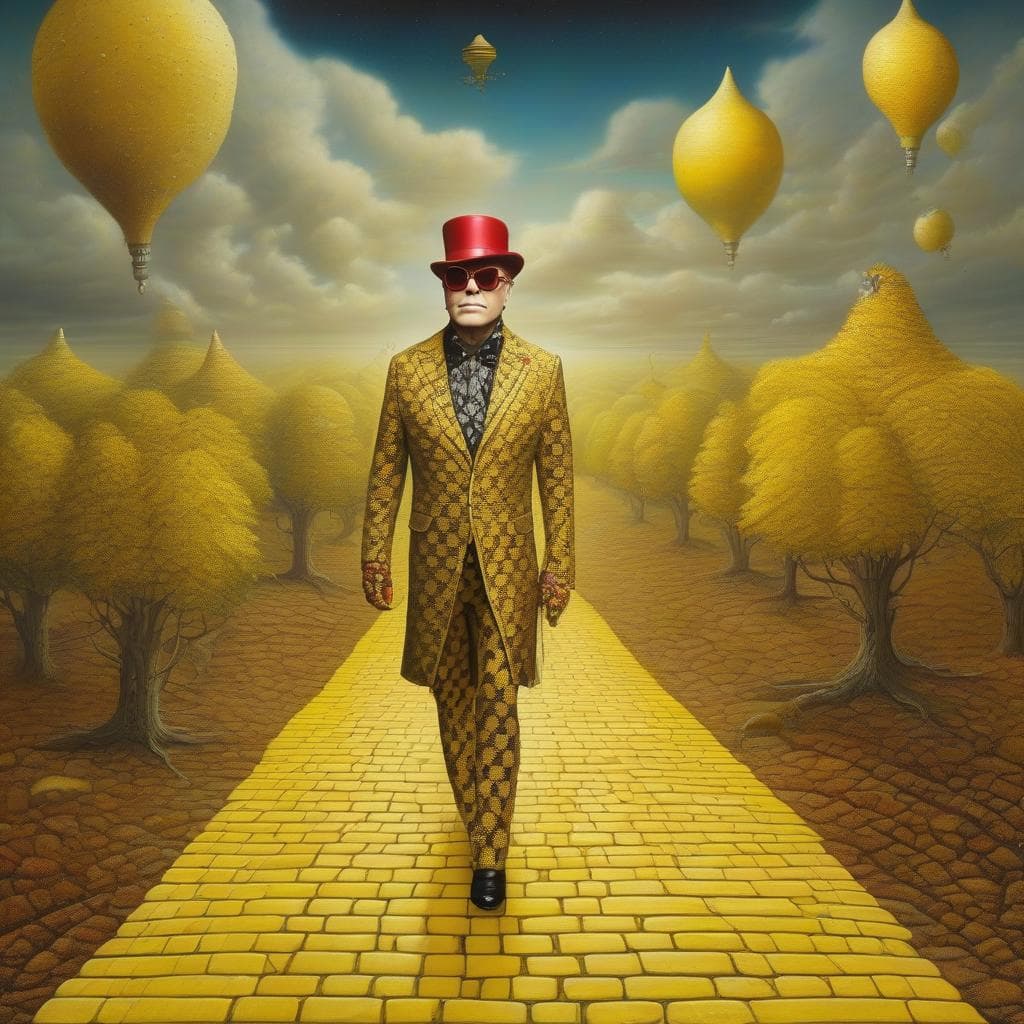 AI generated: Starman still standing on the Yellow Brick Road, with Elton John. Neo surrealism, magical realism, b...