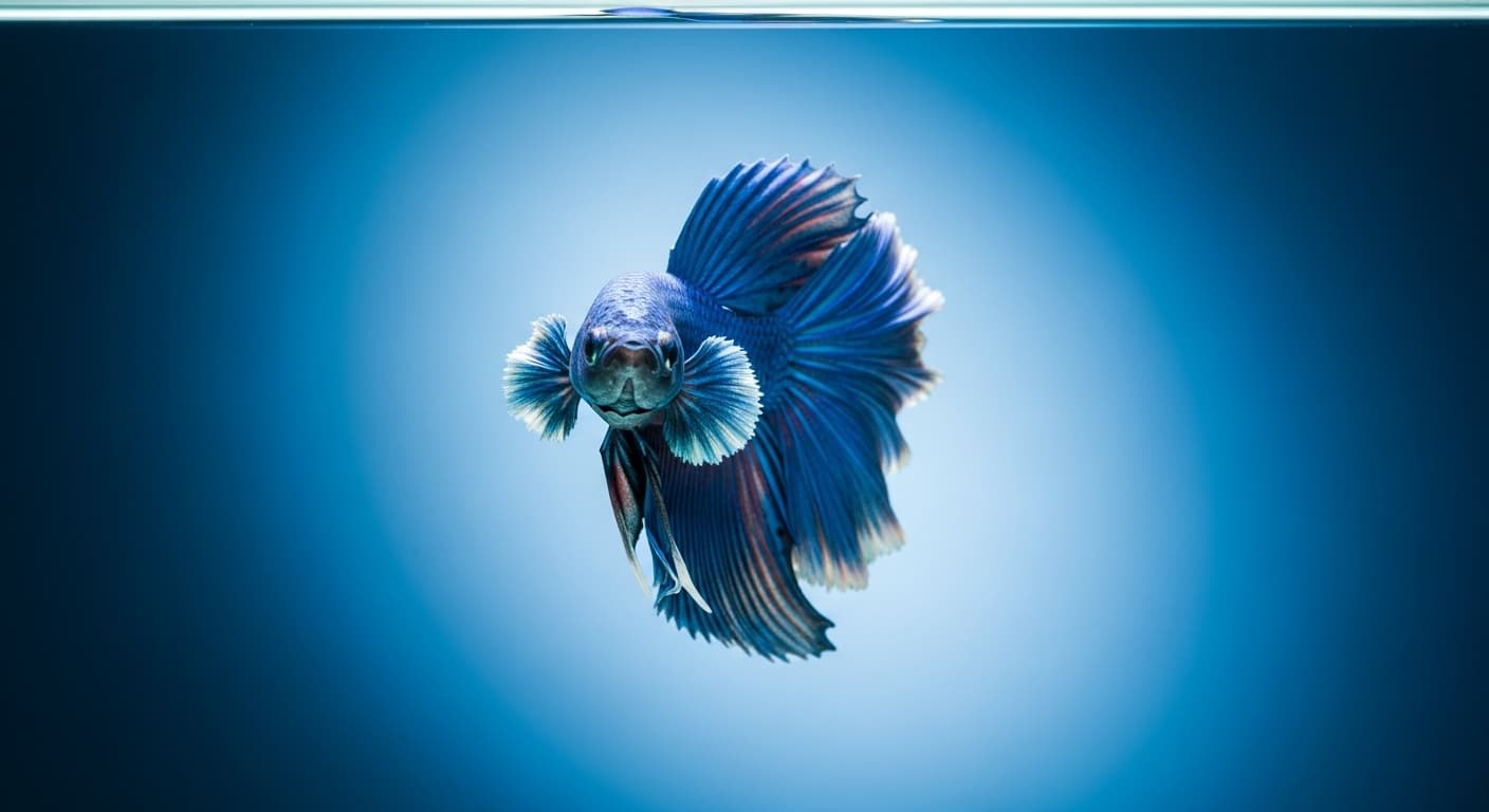 AI generated: key visual graphic , fresh water aquarium betta splendens fish, BLUE colors, perspective view, BLUE ...
