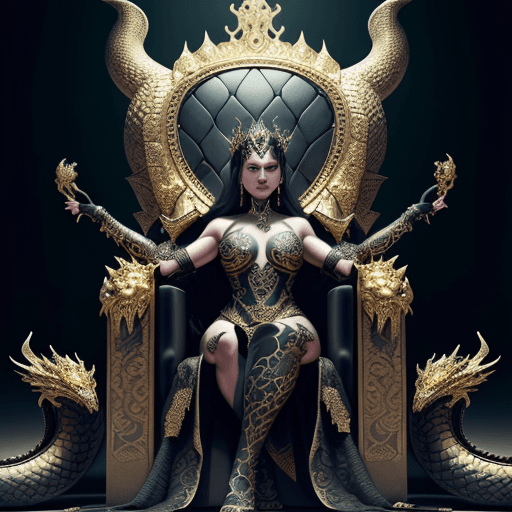 AI generated: A very beautiful queen sitting on a black throne made of gold, with a serpent-dragon like elements a...