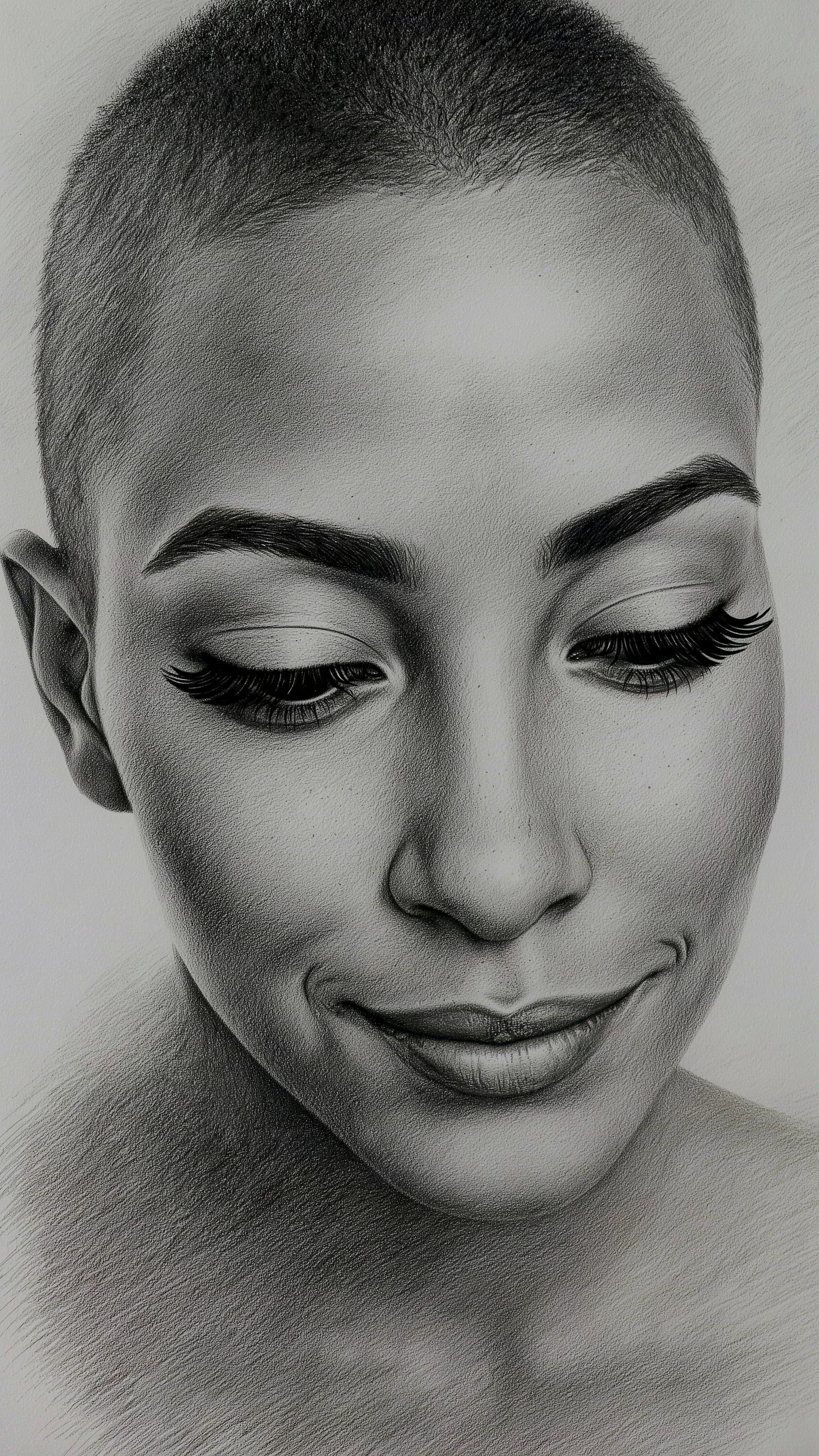 AI generated: A close-up charcoal portrait of a woman with a warm and inviting expression, her eyes framed by long...