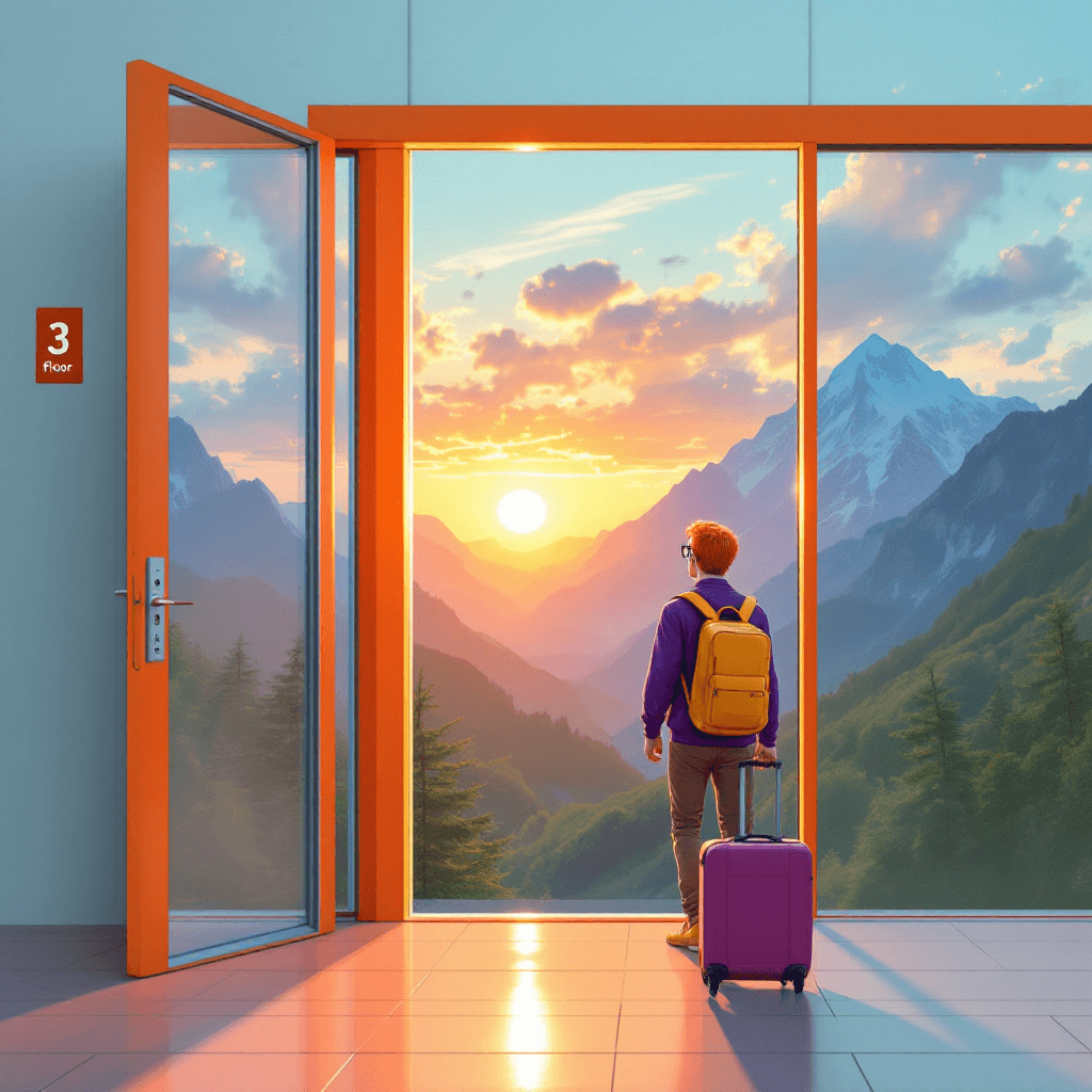 AI generated: an orange elevator semi-opened, marking the third floor, with a view to the sunset sky and green mou...