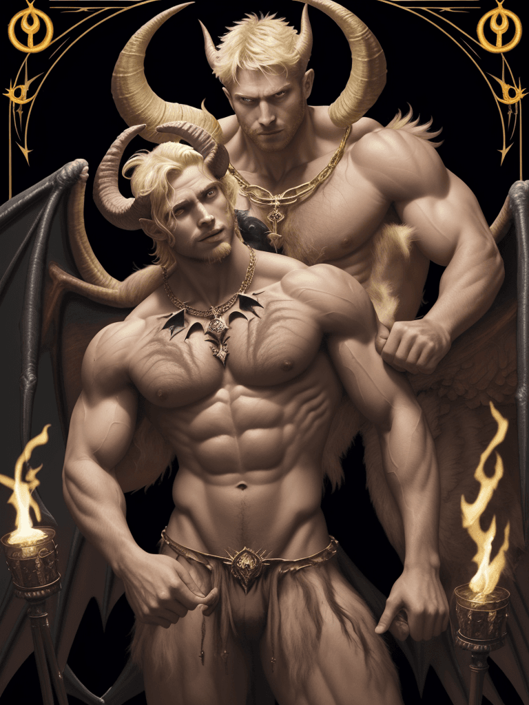 AI generated: a ((tarot card)) depicting ((The Devil)), as ((one fully bare big muscular beast light skin color, h...