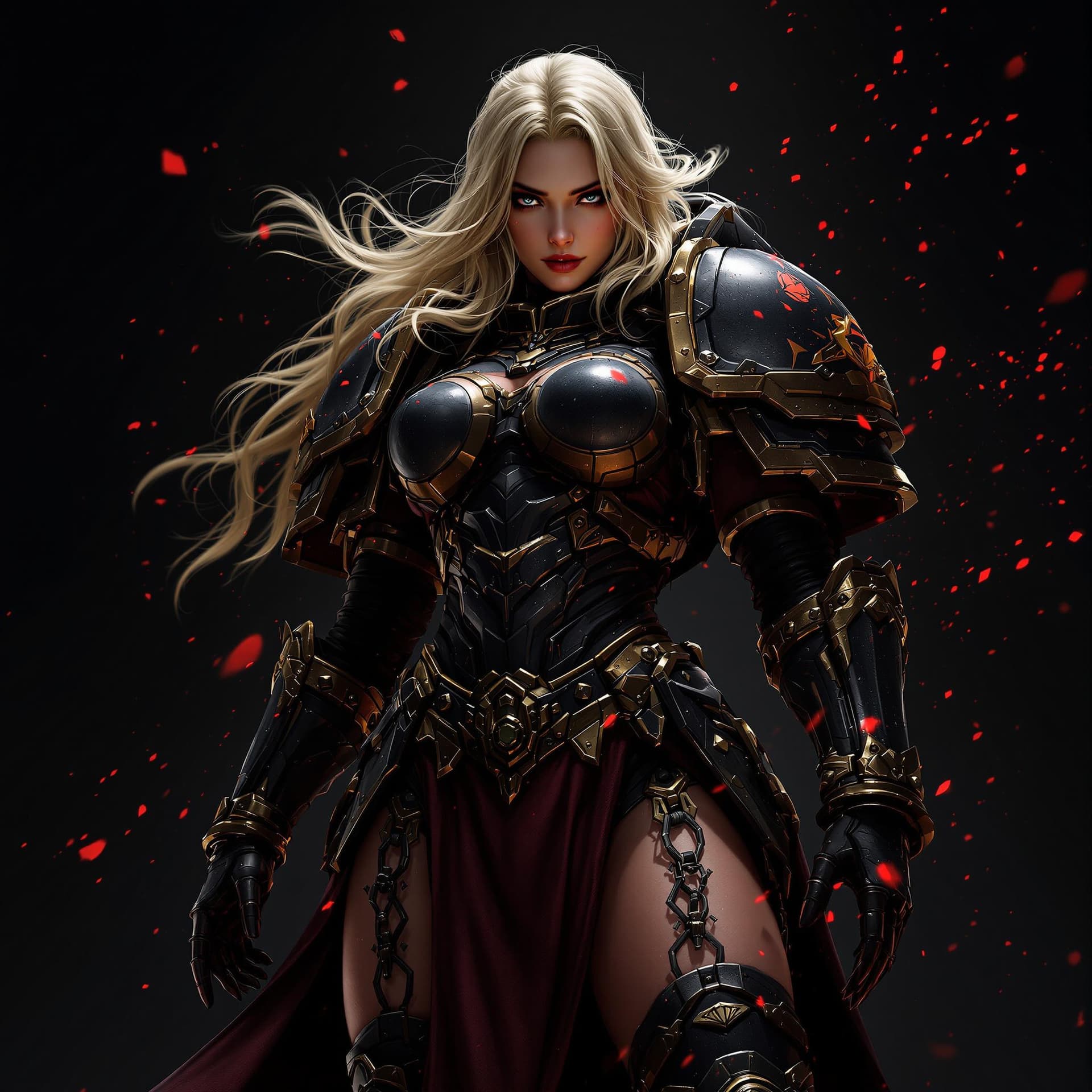 AI generated: dynamic angle, full body view, realistic, female space marine, blonde hair, armored, pelvic curtain,...