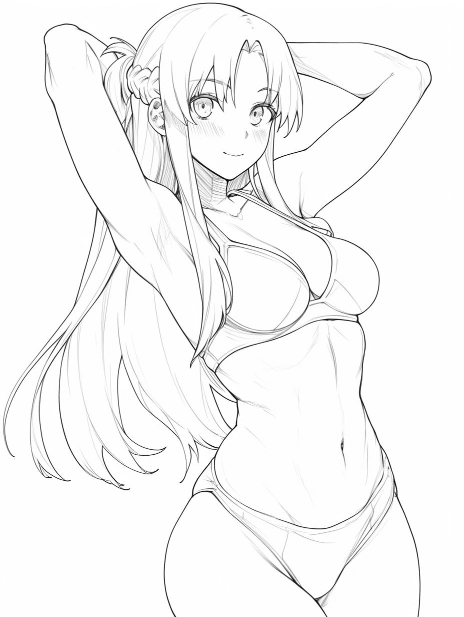 AI generated: Black and white line art, anime-style, full-body shot of asuna from sao::9500 in a pose showing her ...