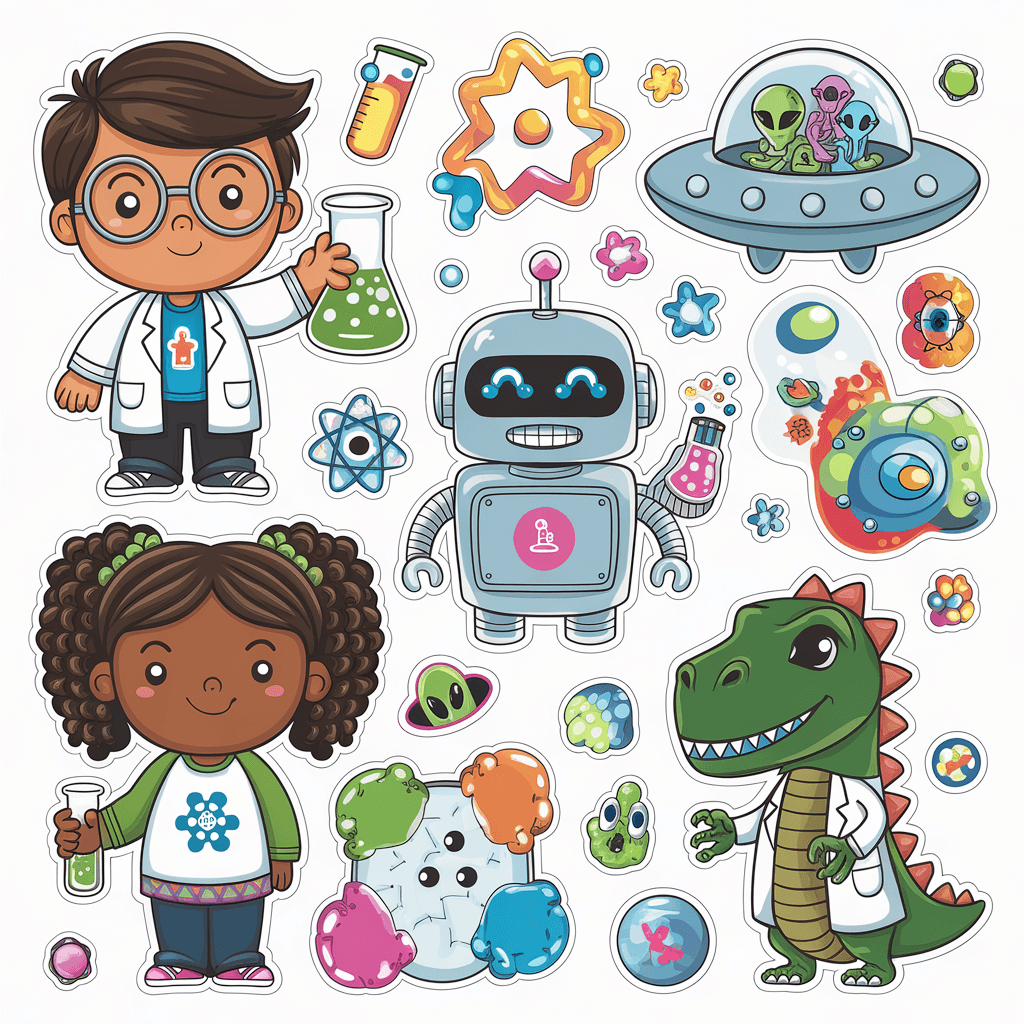 AI generated: sheet of cute and cartoonish science fair stickers
