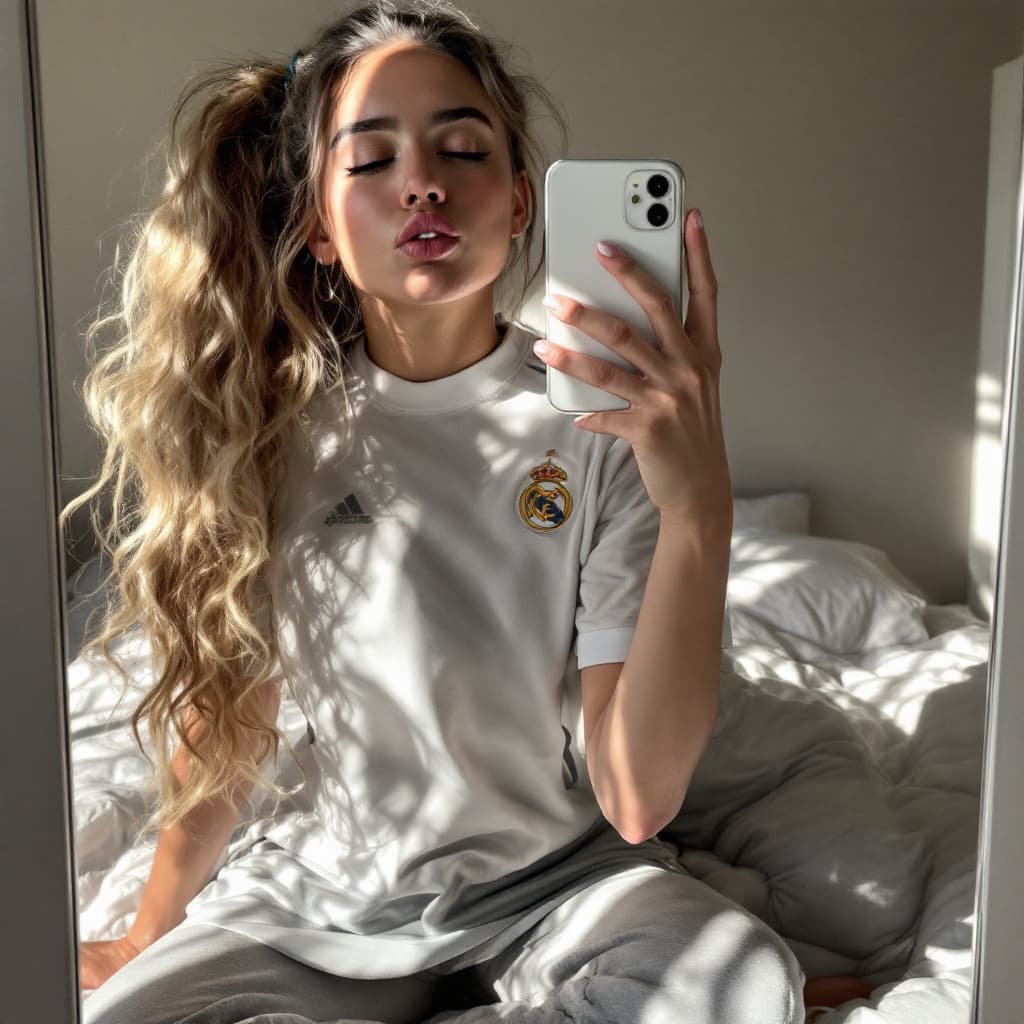 AI generated: Beautiful italian girl with long blonde curly hair sitting on her bed and taking a picture in front ...