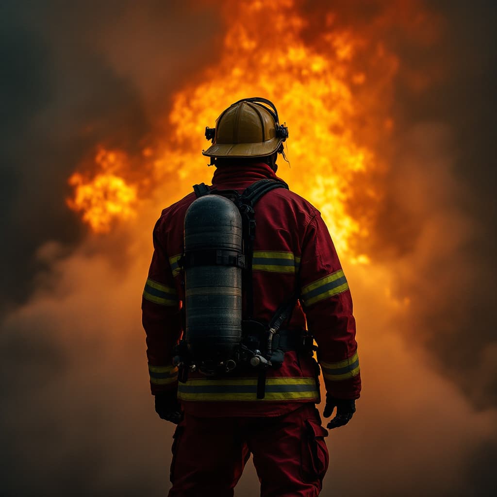 AI generated: In a dramatic, cinematic scene, a firefighter stands bravely in front of a raging inferno. Clad in a...