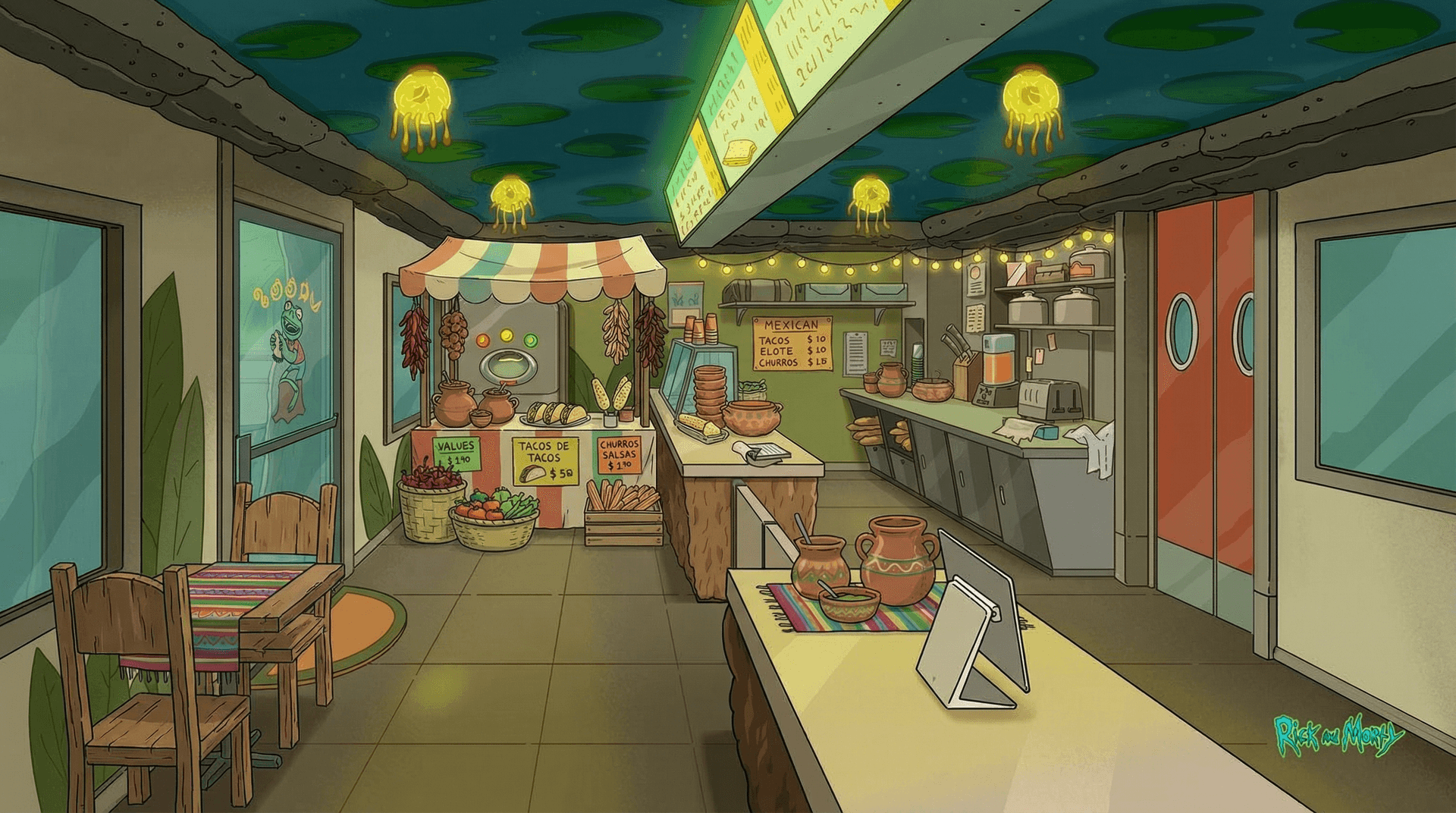 AI generated: create a restaurant interior mexican food. chairs stands and vendor food selection area inside.