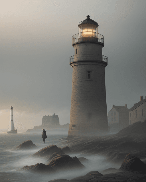 AI generated: Classic maritime painting style, a weathered traveler gazes upon a city shrouded in ethereal mist, t...