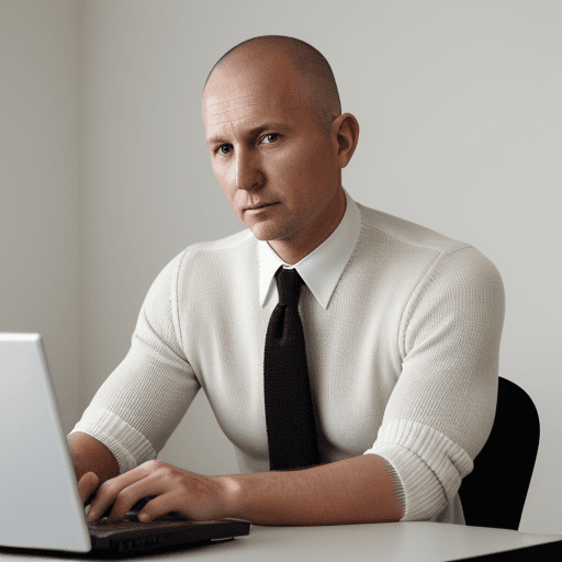 AI generated: 44 year old man, correct, white, short hair, shaved, sitting upright in front of computer, working o...