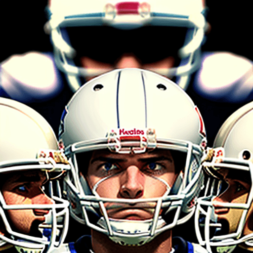 AI generated: front view of American football players, wearing white helmets, looking straight to the camera. Angr...