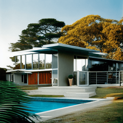 AI generated: hyper realistic eye level exterior photo of a mid century modern style house overlooking the ocean, ...