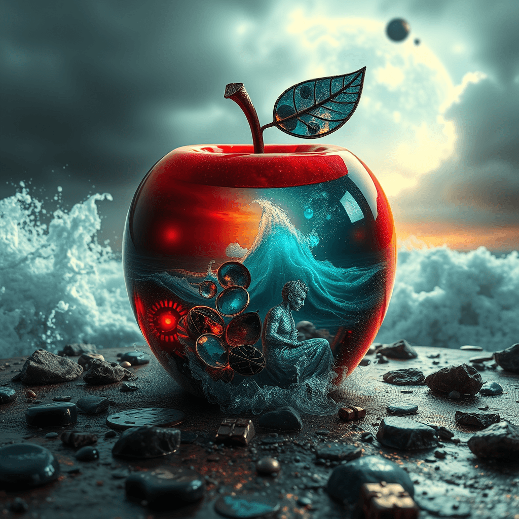 AI generated: High quality lovely double exposure image by blending together a stormy sea and a glass apple