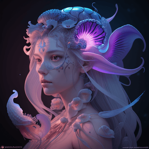 AI generated: Goddess close-up portrait ribcagel. jellyfish phoenix head, nautilus, orchid, skull, betta fish, bio...