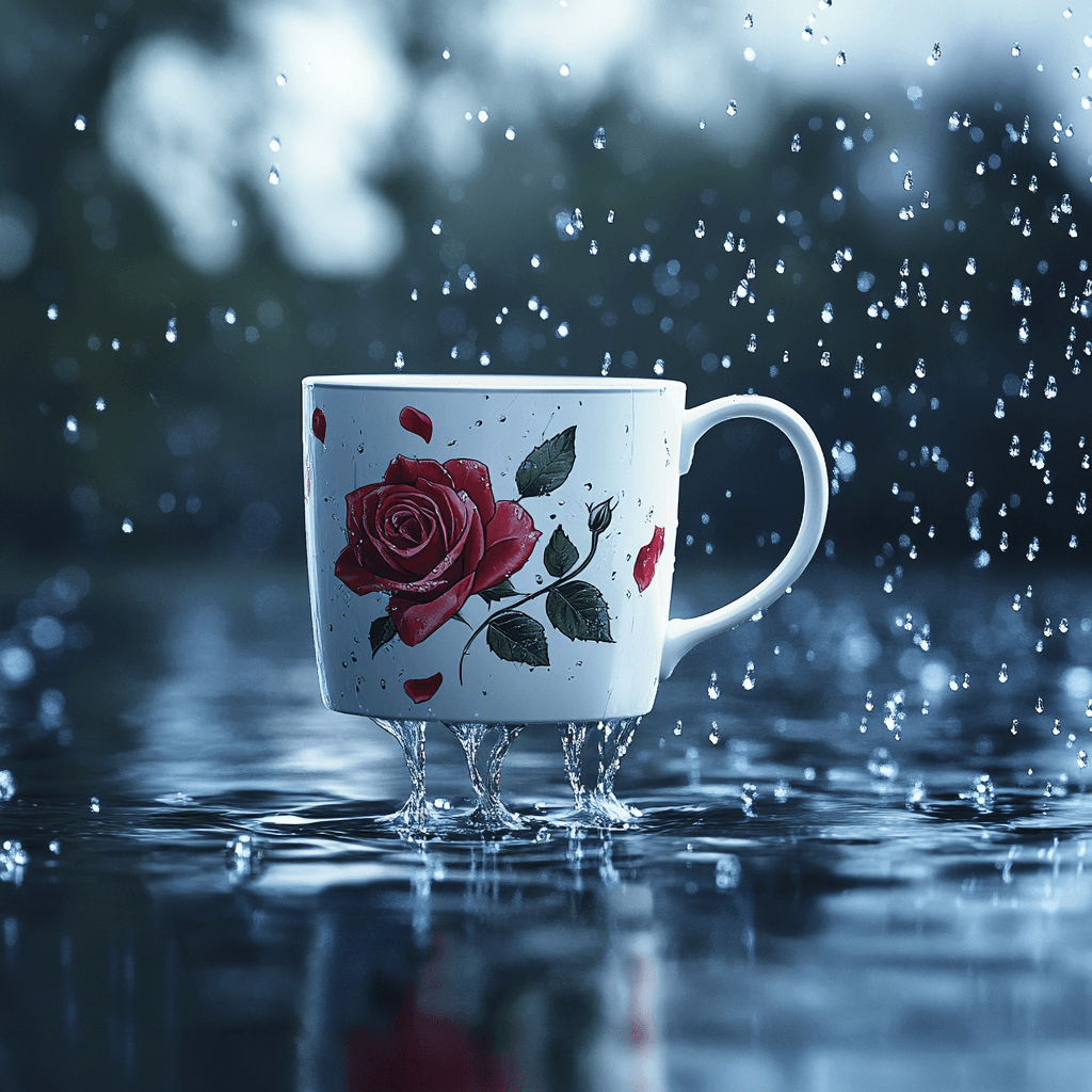 AI generated: 
Create a hyper-realistic and cinematic 4D image of a white floating mug with a detailed red rose d...