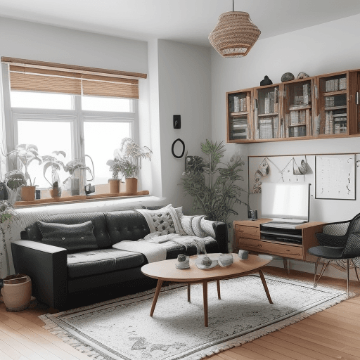 AI generated: A modern living room with nordic furniture. Include macrame wall hangings it is principal, library, ...