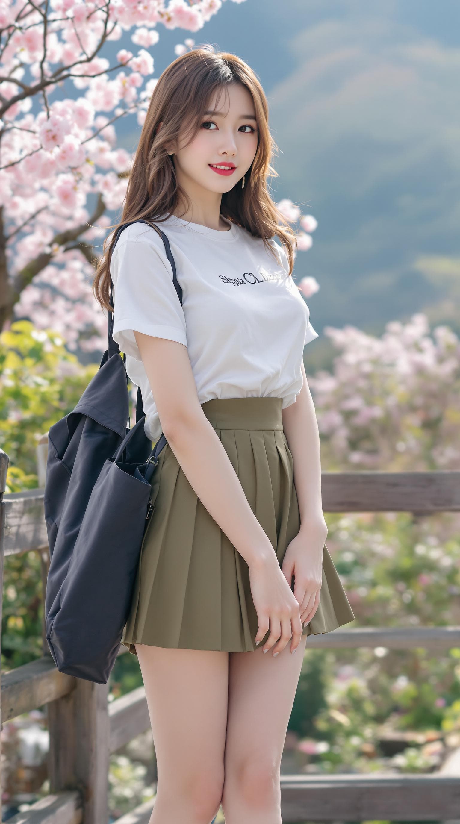 AI generated: a girl, Korean woman, korean ulzzang face, in a casual clothes, short sleeves and pleated mini skirt...