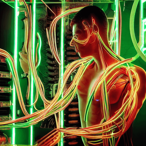 AI generated: Ultra-detailed cyborg male connected with wires, tubes, cables, and other synthetic connections on t...