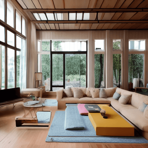 AI generated: High resolution photography interior design, dreamy sunken living room conversation pit, wooden floo...