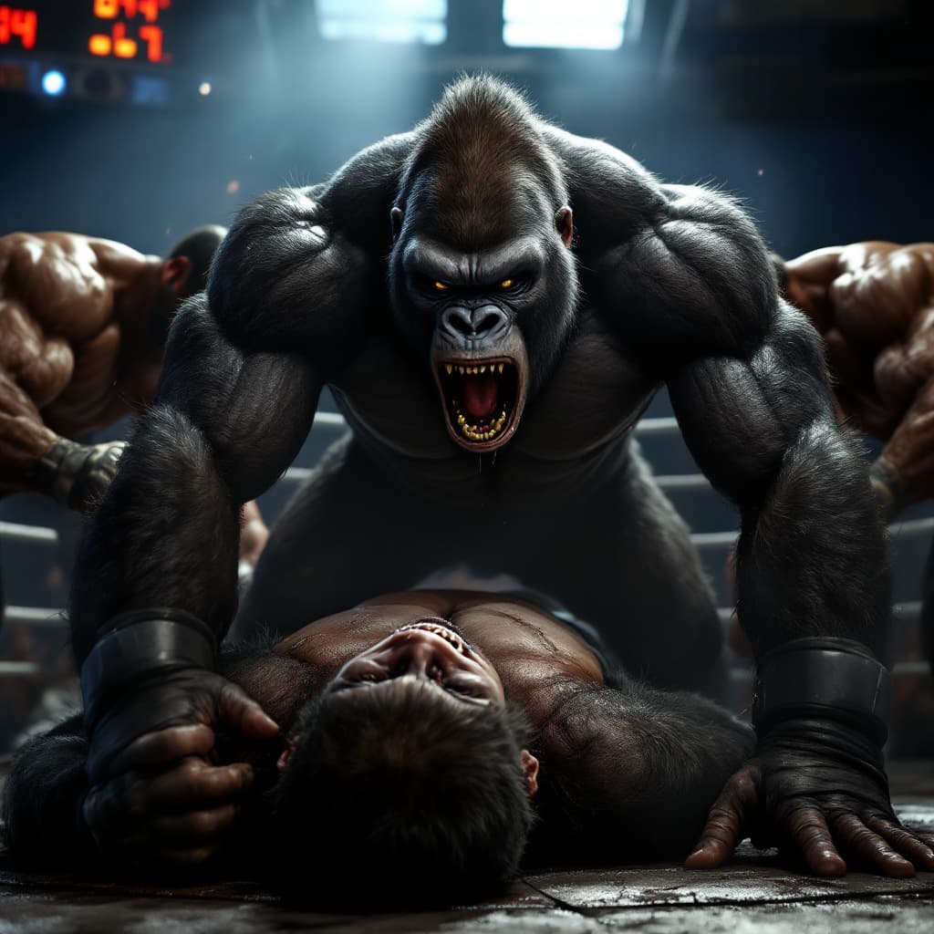 AI generated: Cinematic professional 3D animation of a gorilla  in a gym ring surrounded physically fit black men ...